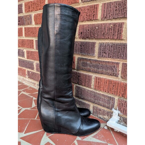 VINCE. Women's Black Leather Knee High Wedge Boots-Pull-On (No Zipper)- Size 6M - Picture 2 of 12